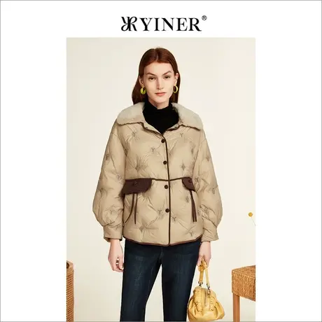 YINER音儿专选女装冬季时尚短款灯笼袖保暖水貂毛翻领羽绒服图片