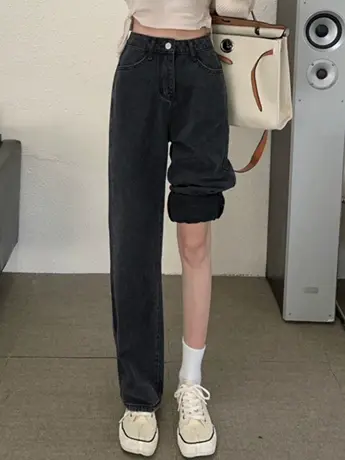 清仓黑灰色高腰牛仔裤女2023春夏新款小个子显瘦直筒阔腿裤图片