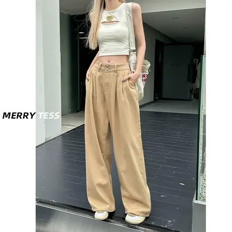 卡其色阔腿牛仔裤女秋季2023年春秋新款设计感褶皱垂感拖地直筒裤图片