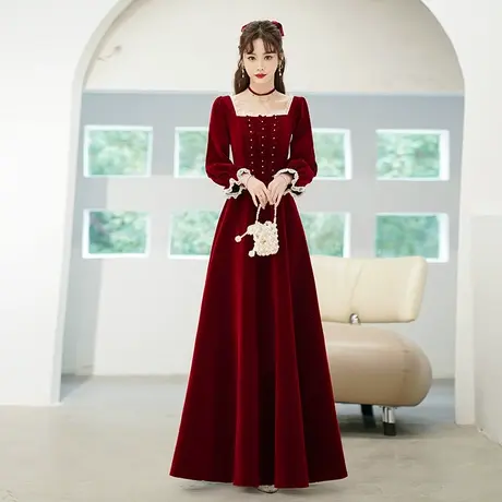 丝绒结婚敬酒服新娘冬季法式高级酒红色订婚礼服平时可穿长袖回门图片