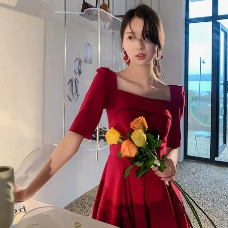 敬酒服新娘夏季平时可穿酒红色结婚订婚回门礼服连衣裙女缎面方领商品大图