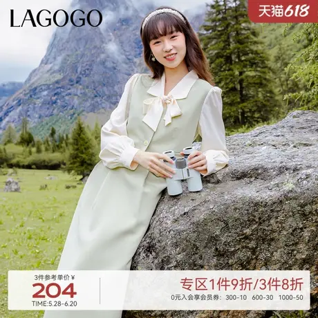 LAGOGO绿色法式气质泡泡袖连衣裙女拉谷谷拼接假两件高腰裙子图片