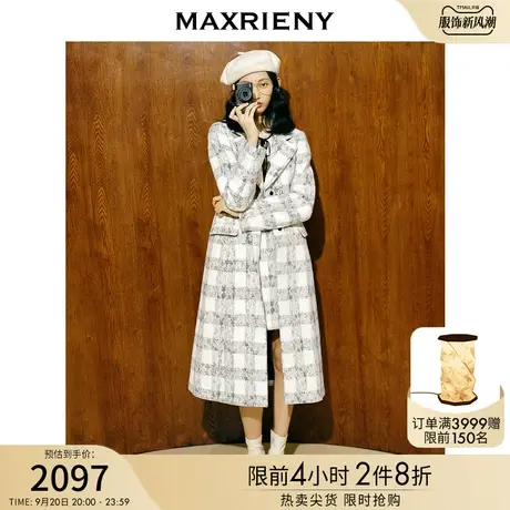 MAXRIENY蕾丝黑白格纹长款大衣冬季收腰复古风衣外套图片