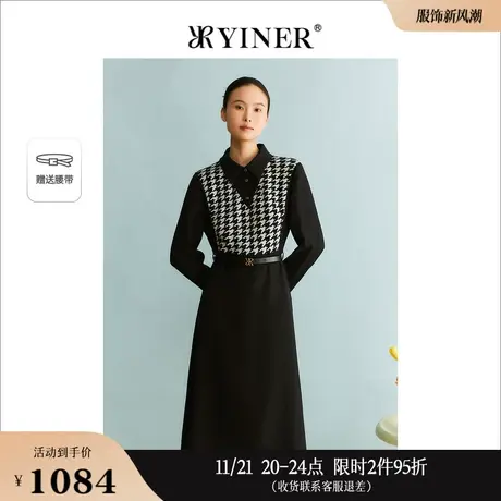 【100绵羊毛】YINER音儿专选法式冬季女装千鸟格连衣裙图片