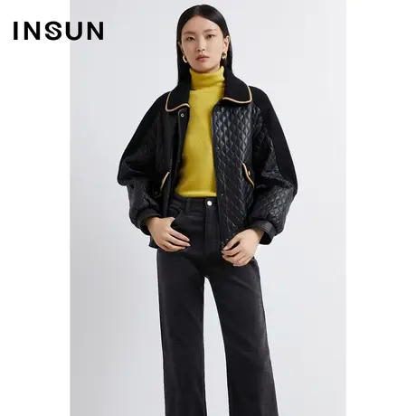INSUN恩裳线上专选冬季格纹撞色拼接皮草外套图片