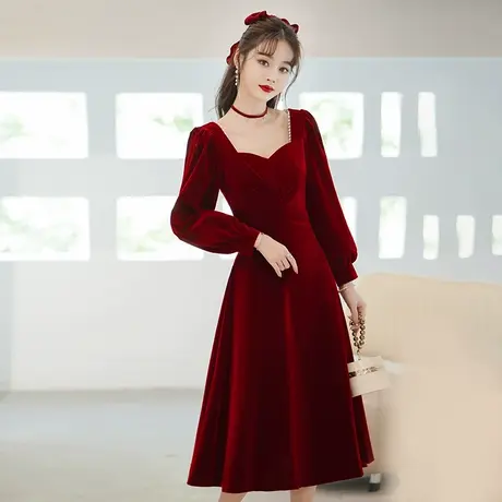 敬酒服新娘红色丝绒长袖惊艳红裙结婚订婚礼服冬季平时可穿小个子图片