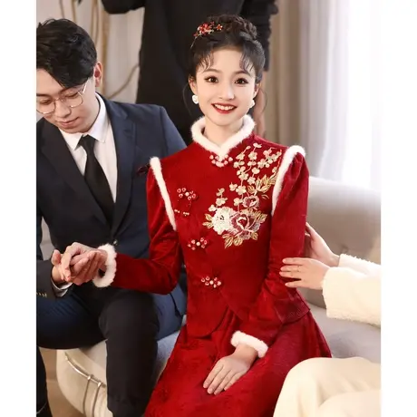 敬酒服2024新款新娘旗袍酒红色订婚礼服裙中式结婚长袖加厚冬季女图片