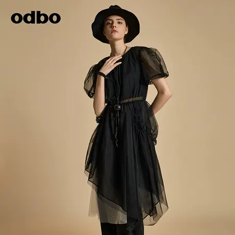 odbo/欧迪比欧原创设计高级感网纱拼接优雅连衣裙女早秋2023新款图片