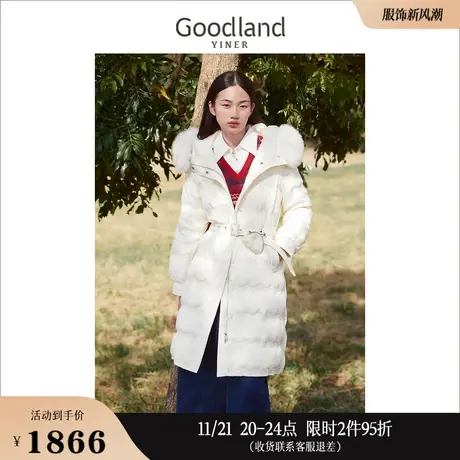 Goodland美地女装2023冬季复合面料狐狸毛领长款刺绣羽绒服图片