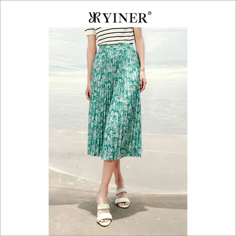 YINER音儿女装夏季时尚过膝中长半身裙碎花百褶裙图片