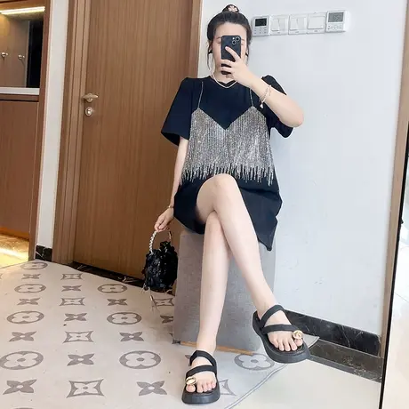 大码法式赫本风连衣裙夏季胖mm巨显瘦正肩假两件心机小黑裙圆领图片