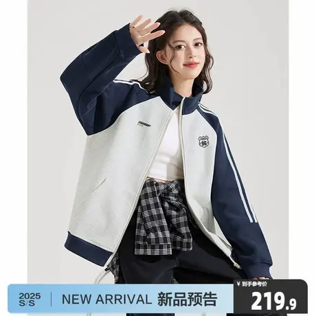 唐狮2025年秋季新款外套女立领撞色百搭拼接插肩袖美式休闲上衣图片