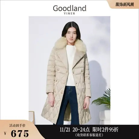 Goodland美地女装冬季可拆卸狐狸毛领加厚保暖白鸭绒羽绒服图片
