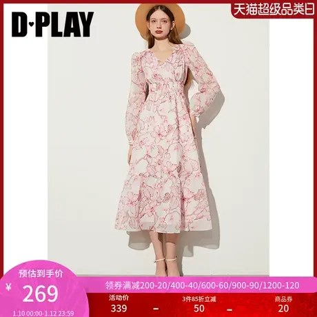 DPLAY春度假风粉色碎花V领肩部荷叶边设计A字大摆裙连衣裙女图片