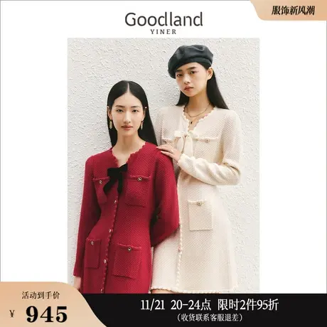 【中国红】Goodland美地冬季千金风针织蝴蝶结香风连衣裙图片