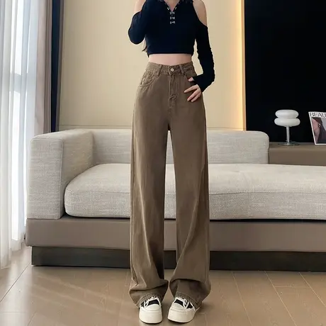 美式高腰阔腿牛仔裤女卡其色秋冬款宽松显瘦加绒加厚直筒拖地裤子商品大图