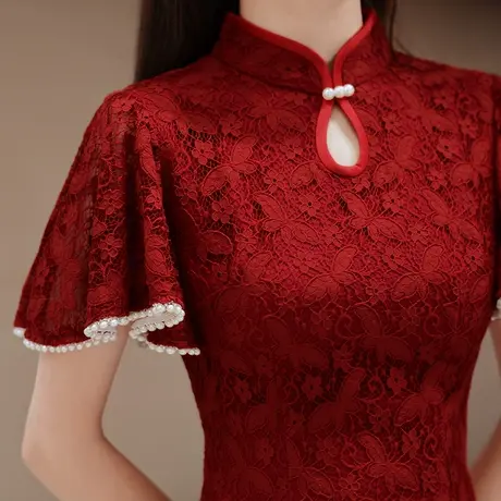 旗袍敬酒服新娘夏季酒红色结婚订婚回门礼服连衣裙高级感平时可穿图片