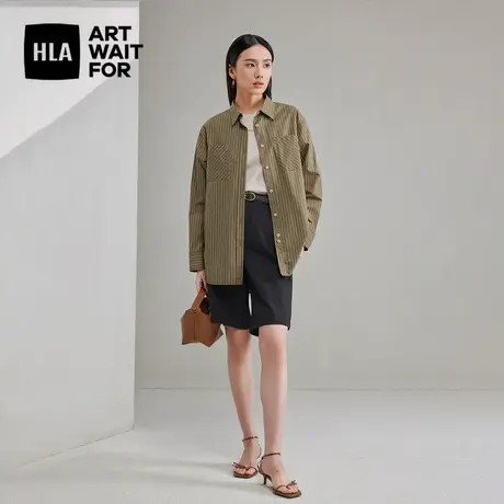 HLA/海澜之家宽松条纹长袖休闲衬衫春夏新款通勤翻领衬衫外套女装商品大图