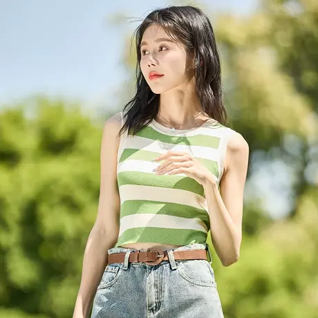 唐狮夏季毛织条纹净色打底背心吊带女内搭工字无袖上衣针织白色图片