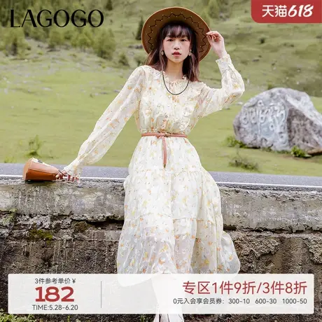 LAGOGO气质荷叶边碎花长袖连衣裙女拉谷谷雪纺A字收腰修身裙子图片