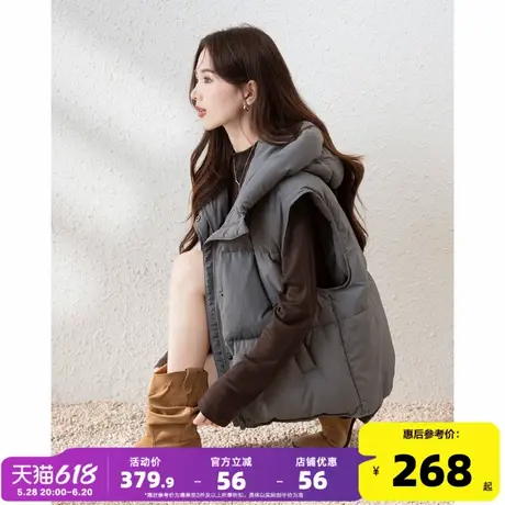 【防水】唐狮2024新款灰色羽绒服女冬装短款连帽马甲韩系外套爆款图片