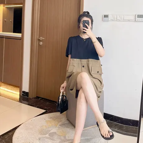 拼接假两件夏装减龄2024新款女装大码胖mm短袖薄休闲巨显瘦连衣裙图片