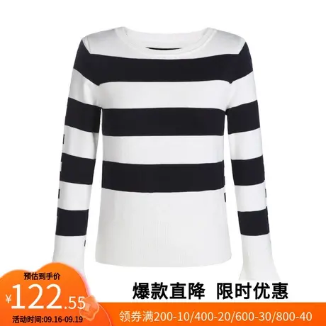 【艾格】2023春季新款针织衫女圆领条纹喇叭袖拼接毛衣官方旗舰店图片