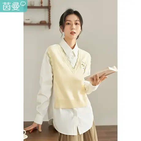 【商场同款】茵曼秋女装新款经典百搭精致绣花假两件长袖衬衫图片