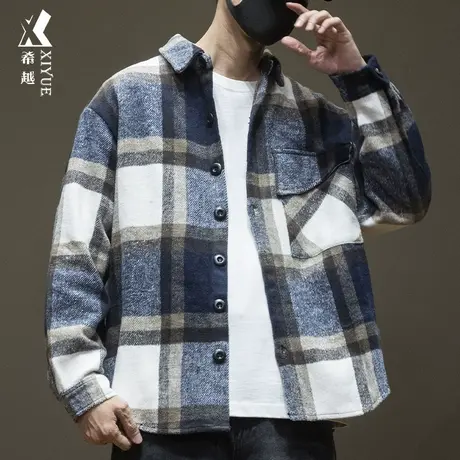 希越翻领百搭格子衬衫男2023秋季宽松大码拼色休闲复古纽扣外套潮商品大图