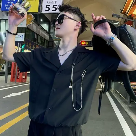 夏季短袖衬衫男新款潮流个性痞帅设计潮男街头网红半袖发型师衬衣图片