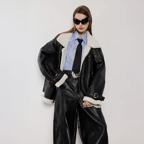 潮牌机车风PU皮棉服女冬季加厚羊羔毛外套2023年新款复古宽松棉衣图片