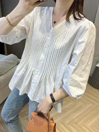v领七分袖设计感衬衫女2023夏季新款小众宽松棉衬衣蕾丝拼接小衫图片