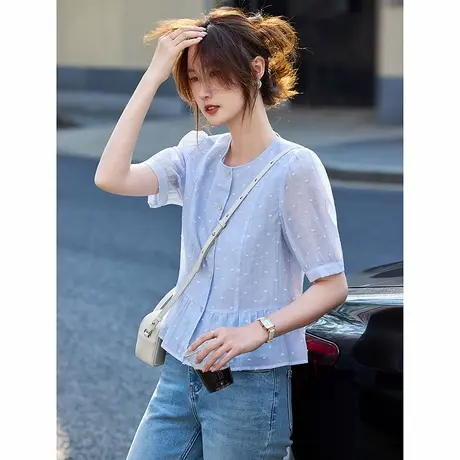 气质短袖衬衫2025年夏季新款女圆领知性温柔淑女短款小个子上衣图片