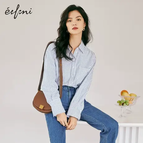 伊芙丽职业条纹百搭廓形衬衫女2021秋季新款上衣女士尖领简约衬衣图片