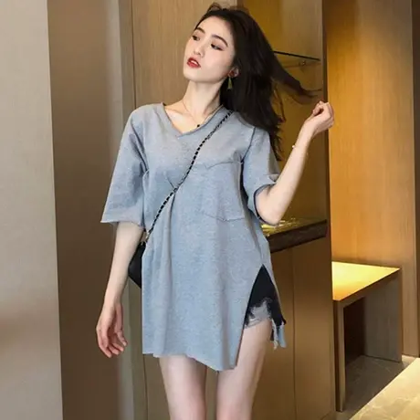 v领短袖t恤女夏季大码宽松韩版bf慵懒风ins半袖设计感小众上衣服图片