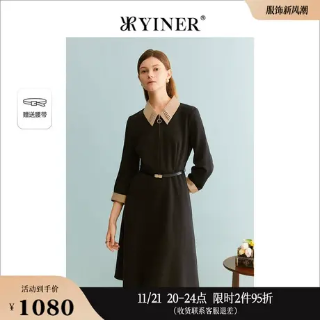 YINER音儿专选冬季设计感POLO领撞色法式连衣裙配腰带图片