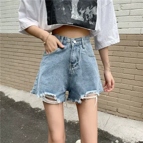 夏季新款韩版宽松阔腿破洞牛仔短裤辣妹裤子显瘦高腰a字热裤女潮图片