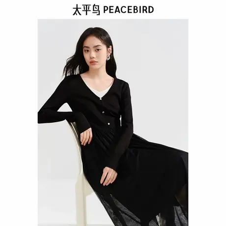 太平鸟女装长袖拼接连衣裙秋新款假两件针织长裙洋气V领裙子图片
