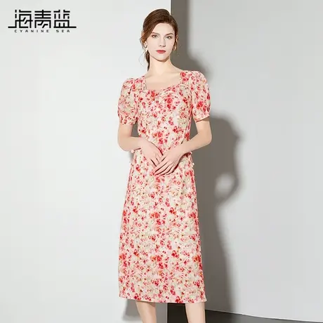 海青蓝 夏季短袖连衣裙2025年新款高级印花设计感女装中长款裙子图片