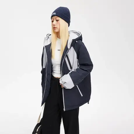 美式潮牌拼接连帽棉服女冬季2023年新款加厚外套复古宽松保暖棉衣图片
