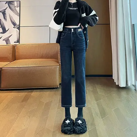 窄版直筒牛仔裤女春秋2024新款高腰小直筒法棍裤小个子烟管长裤潮图片