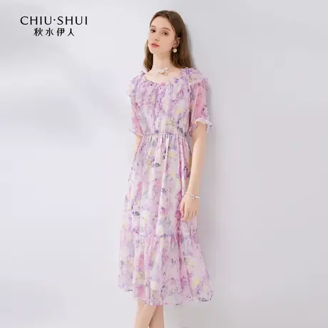 秋水伊人甜美印花雪纺连衣裙2024夏季新款女木耳边圆领收腰中长裙图片