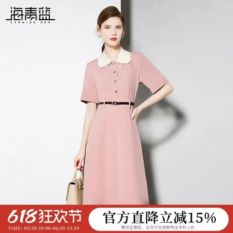 海青蓝 翻领短袖连衣裙2025年新款夏季高级时尚气质系带女装裙子图片