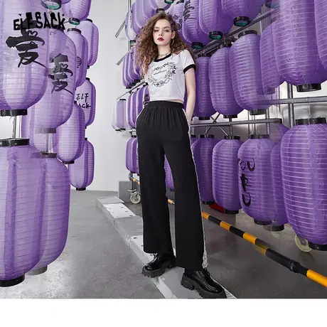 妖精的口袋黑色高腰阔腿裤女2024春秋新款宽松直筒裤休闲薄款长裤图片