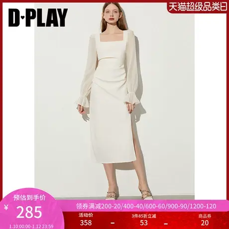 DPLAY春法式风杏色方领时装拼接欧根纱泡泡袖下摆侧开衩连衣裙图片