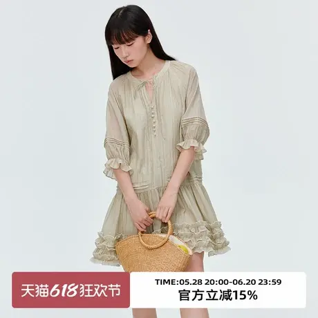 omont蛋挞家复古木耳边度假风连衣裙2025夏季宽松设计感中袖短裙图片