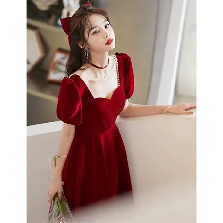 法式敬酒服新娘2023新款结婚订婚回门酒红色晚礼服裙女年会主持人图片