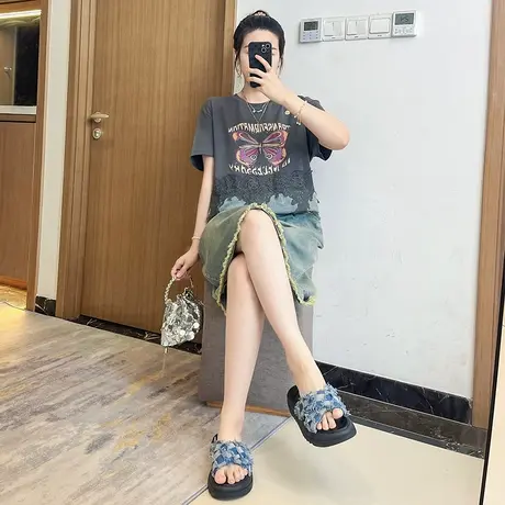 2025夏季新款小众设计蝴蝶图案牛仔拼接中长款连衣裙女大码胖mm图片