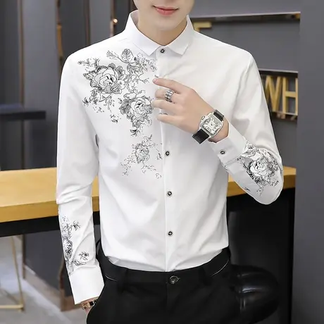 秋季长袖衬衫男士韩版潮流帅气白衬衣修身上衣服休闲百搭秋装寸衫图片