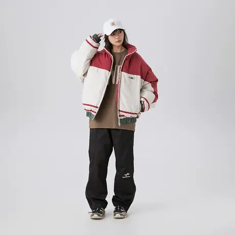 潮牌加厚冬季外套2023新款宽松复古拼色棉服女立领保暖棉衣面包服图片